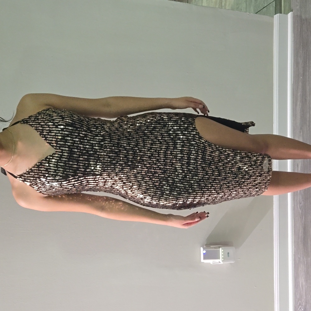 black and bronze colored dress.
